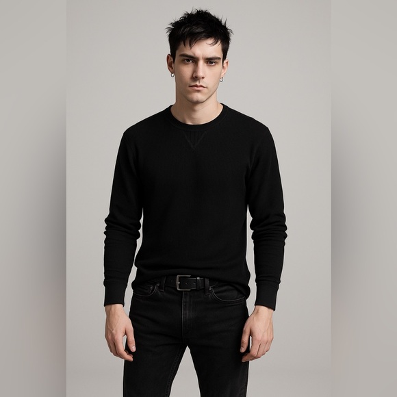 Old Navy Black Waffle Knit Thermal Shirt Men’s M Long Sleeve Grunge Goth Edgy - Picture 1 of 10